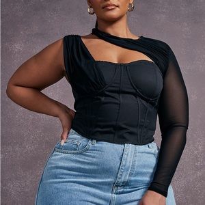 pretty little thing black mesh corset asymmetrical long sleeve top plus black